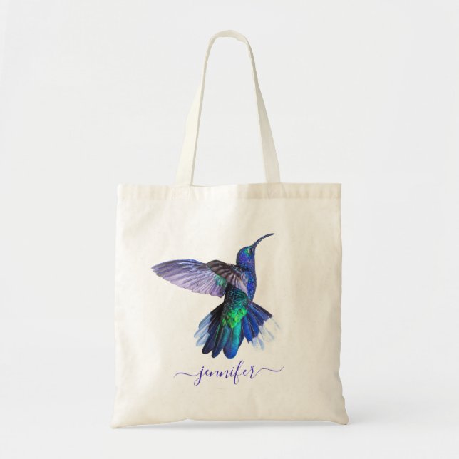 Purple Hummingbird Personalized Name Tote Bag (Front)