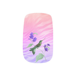Purple Hummingbird with florals over rainbow Minx Nail Art