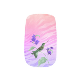 Purple Hummingbird with florals over rainbow Minx Nail Art