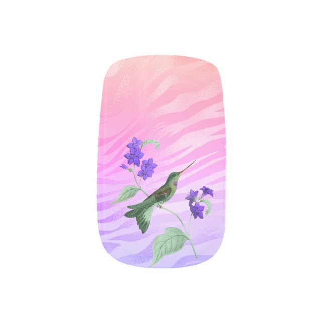 Purple Hummingbird with florals over rainbow  Minx Nail Art (Left Thumb)