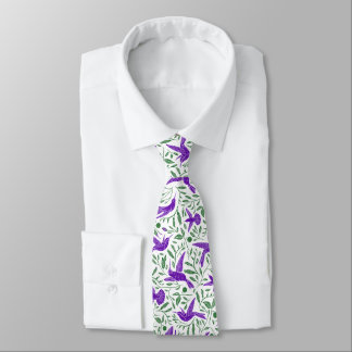 Purple hummingbirds with green flowers & leaves neck tie
