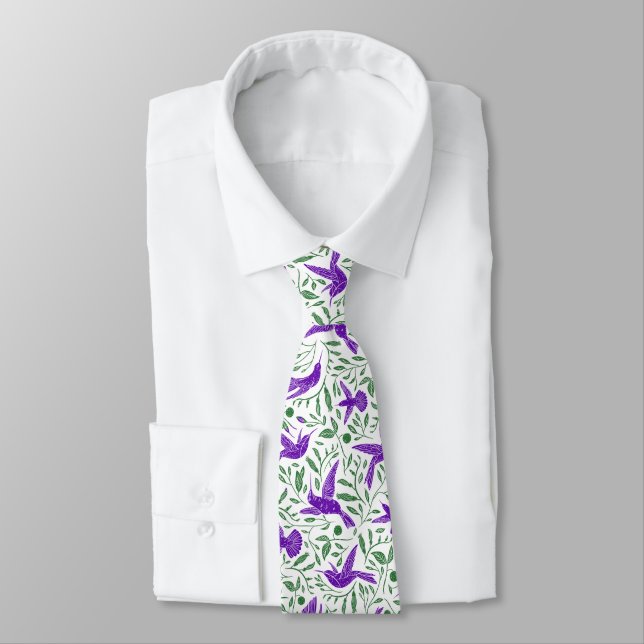 Purple hummingbirds with green flowers & leaves neck tie (Tied)
