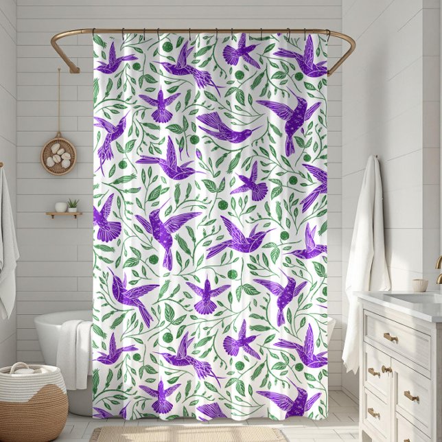 Purple hummingbirds with green flowers & leaves shower curtain (Creator Uploaded)