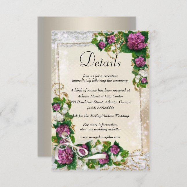 Purple Hydrangea And Lace Wedding Details Enclosure Card (Front/Back)
