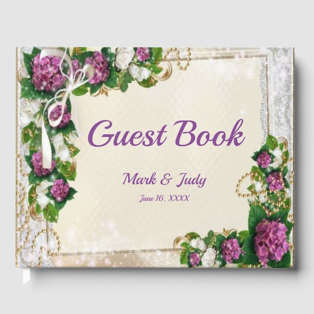 Purple Hydrangea And Lace Wedding Guestbook (Front)