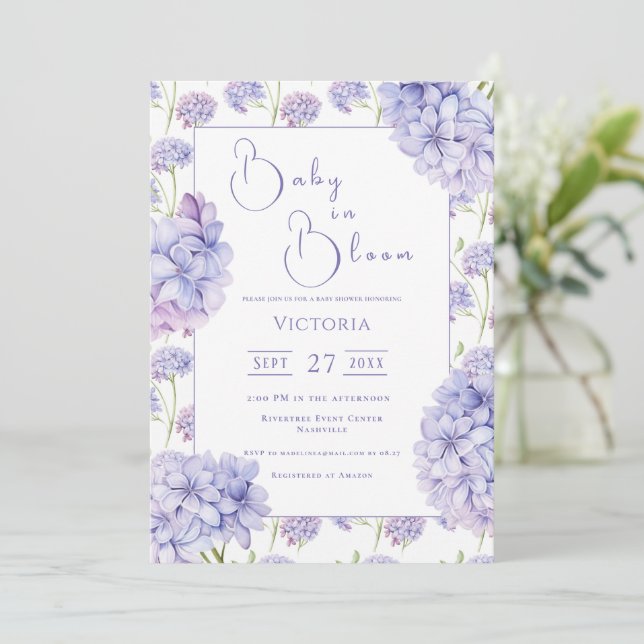 Purple Hydrangea Baby in Bloom Baby Shower  Invitation (Standing Front)