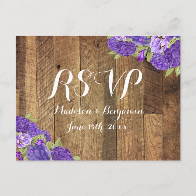 Purple Hydrangea Barn Wood Wedding RSVP Postcard2 Invitation Postcard (Front)