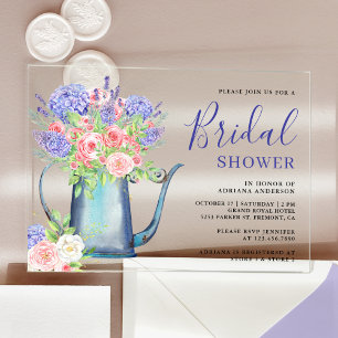 Purple Hydrangea Blush Pink Roses Bridal Shower Acrylic Invitations