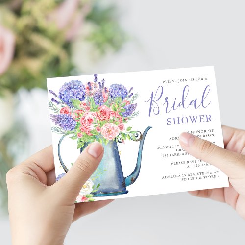 Purple Hydrangea Blush Pink Roses Bridal Shower Invitation