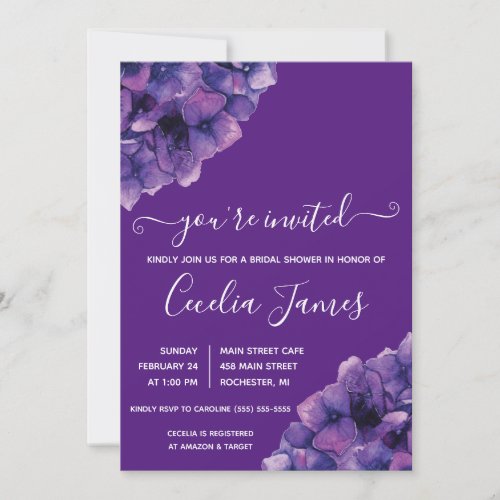 Purple Hydrangea Bridal Shower Invitation