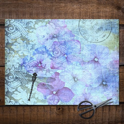Purple Hydrangea Dragonfly Postmark Decoupage Tissue Paper