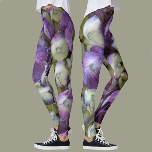 Purple Hydrangea Floral Botanical Photographic Leggings