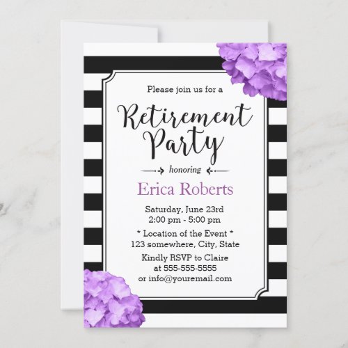 Purple Hydrangea Floral Modern Stripes Retirement Invitation