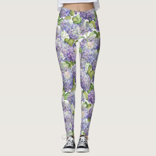 Purple Hydrangea Floral Pattern Leggings