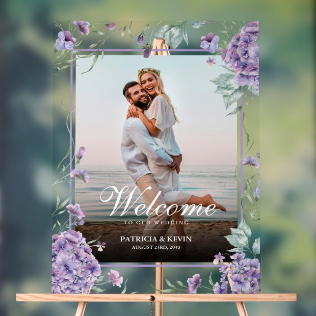 Purple Hydrangea Floral Wedding Welcome Photo Acrylic Sign (Neutral)