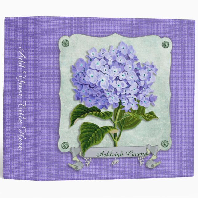 Purple Hydrangea Green Paper Ribbon Square Cutouts Binder (Front/Spine)