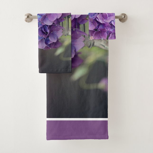 Purple Hydrangea in Mason Jar Nature Photography Bath Towel Set (Insitu)