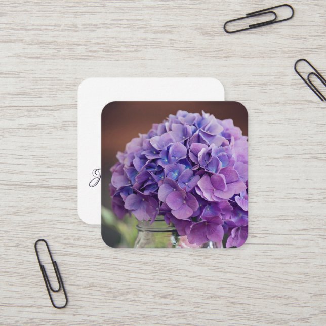 Purple Hydrangea in Mason Jar Photograph Square Business Card (Front/Back In Situ)