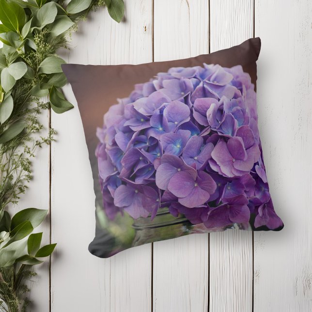 Purple Hydrangea in Mason Jar Photograph Throw Pillow (Purple Hydrangea in Mason Jar Photograph Throw Pillow)