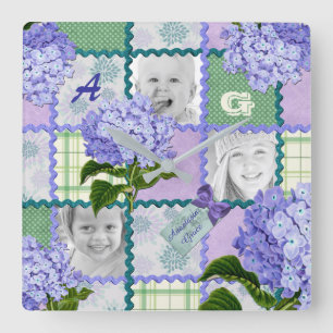 Purple Hydrangea Instagram Photo Quilt Collage Square Wall Clock