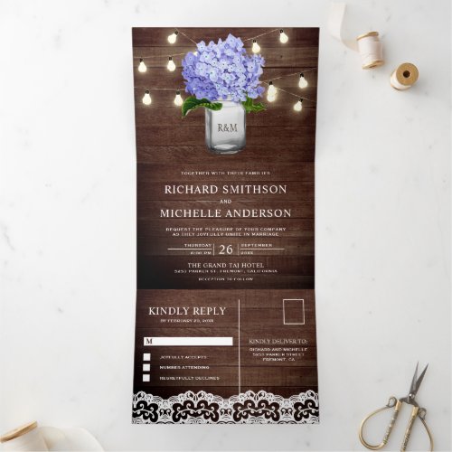 Purple Hydrangea Mason Jar String Lights Wedding Tri_Fold Invitation
