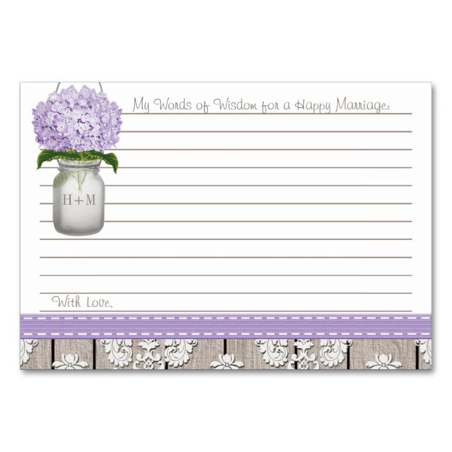 Purple Hydrangea Mason Jar Words of Advice Table Number (Front)