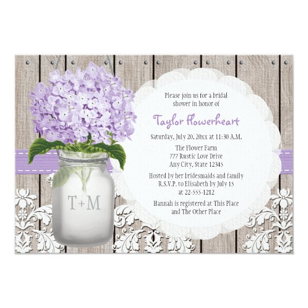 Purple Hydrangea Monogram Mason Jar Bridal Shower Invitation