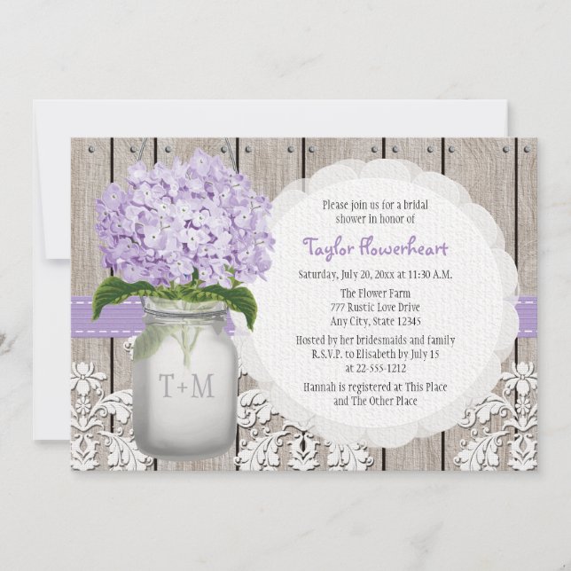 Purple Hydrangea Monogram Mason Jar Bridal Shower Invitation (Front)