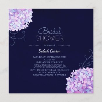 Purple Hydrangea Navy Blue Bridal Shower Invitation by BridalHeaven at Zazzle