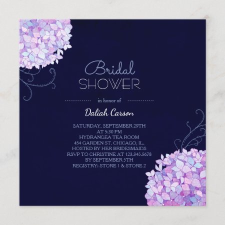Purple Hydrangea Navy Blue Bridal Shower Invitation