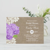 Purple Hydrangea Rustic Laced Burlap Bridal Shower Invitation (Standing Front)
