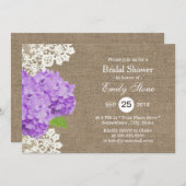 Purple Hydrangea Rustic Laced Burlap Bridal Shower Invitation (Front/Back)