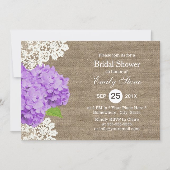 Purple Hydrangea Rustic Laced Burlap Bridal Shower Invitation (Front)
