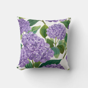 Purple Hydrangea Watercolor Floral Coastal Throw Pillow