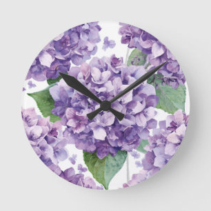 Purple Hydrangea Watercolor Floral Lavender Bloom Round Clock