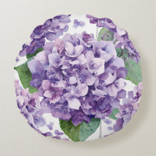 Purple Hydrangea Watercolor Floral Lavender Bloom Round Pillow
