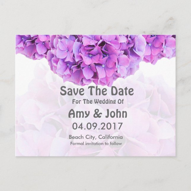 Purple hydrangea wedding save the date hydrangea4 announcement postcard (Front)