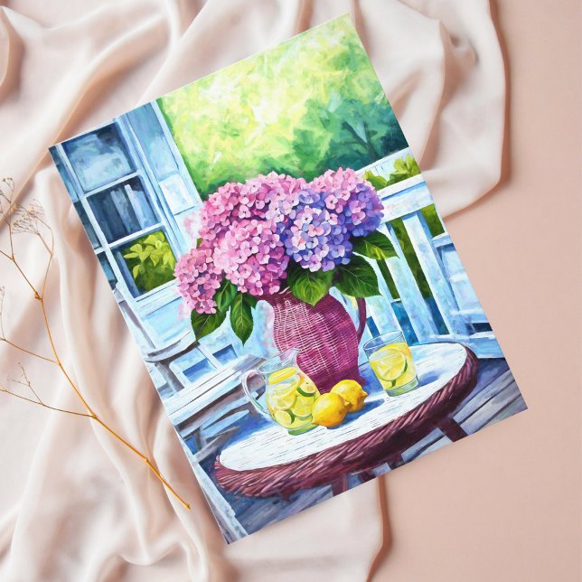 Purple Hydrangea with  Lemonade on Wicker Porch Postcard (Share sunny greetings with this vibrant hydrangea and lemonade summer postcard.)