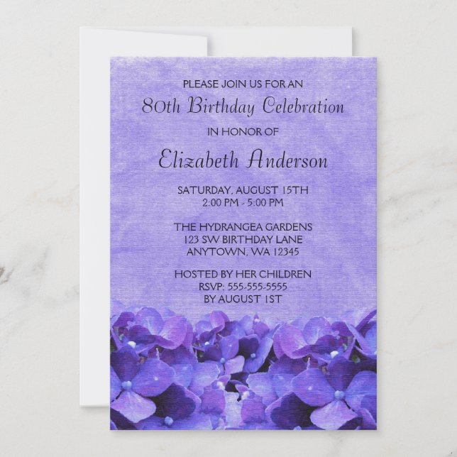 Purple Hydrangeas 80th Birthday Party Invitations (Front)