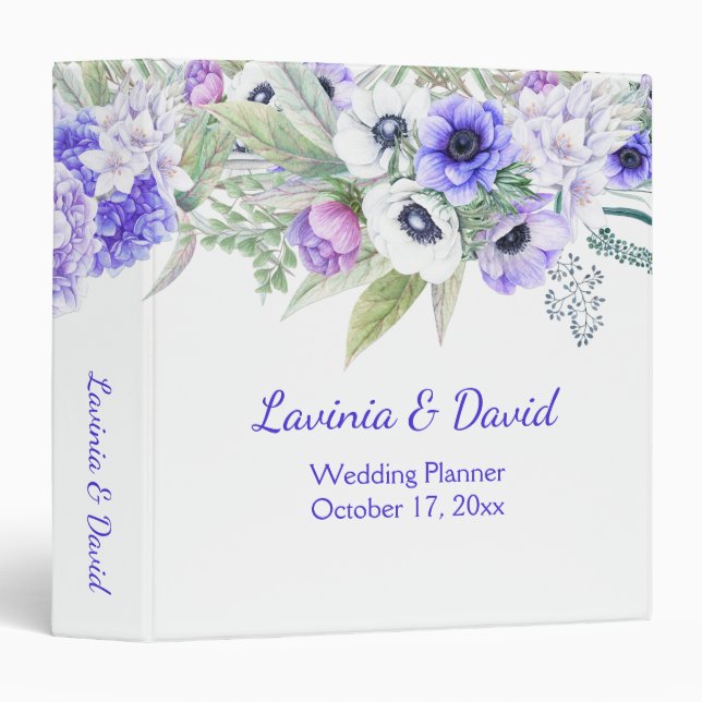 Purple Hydrangeas and Anemones Watercolor Flowers 3 Ring Binder (Front/Spine)