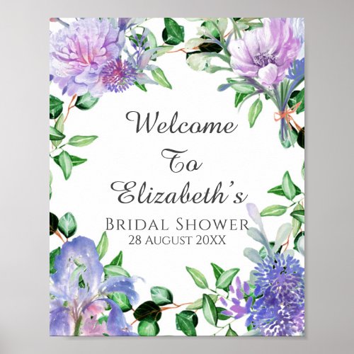 Purple Hydrangeas Iris Bridal Shower Welcome Sign