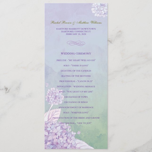 Purple Hydrangeas Long Vertical Wedding Program (Front)