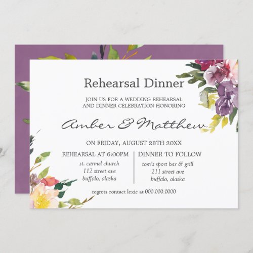 Purple Hydrangeas Peony Rehearsal Dinner Invitation