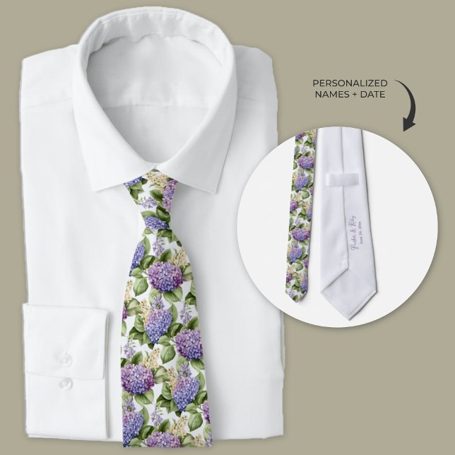 Purple Hydrangeas Personalized Watercolor Neck Tie (Purple Hydrangeas personalized wedding neckties)