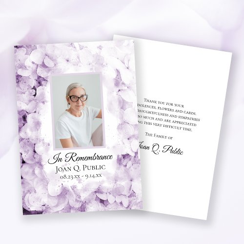 Purple Hydrangeas Watercolor Funeral Sympathy Thank You Card