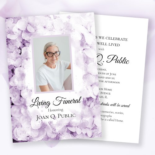 Purple Hydrangeas Watercolor Living Funeral Party Invitation
