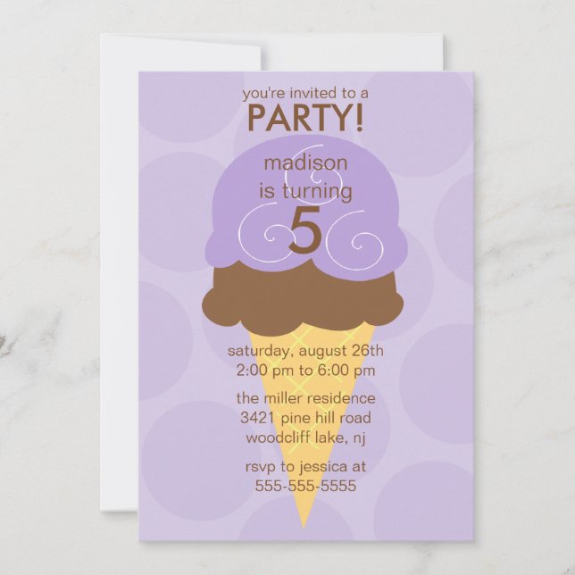 Purple Ice Cream Cone Birthday Invitation (Front)