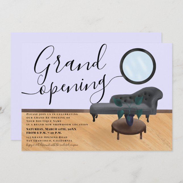 purple illustration beauty salon grand opening invitation (Front/Back)