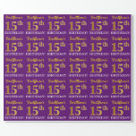 [ Thumbnail: Purple, Imitation Gold Look "15th Birthday" Wrapping Paper ]