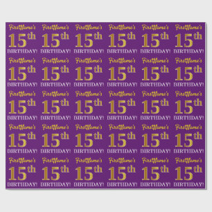 Purple, Imitation Gold Look "15th BIRTHDAY" Wrapping Paper